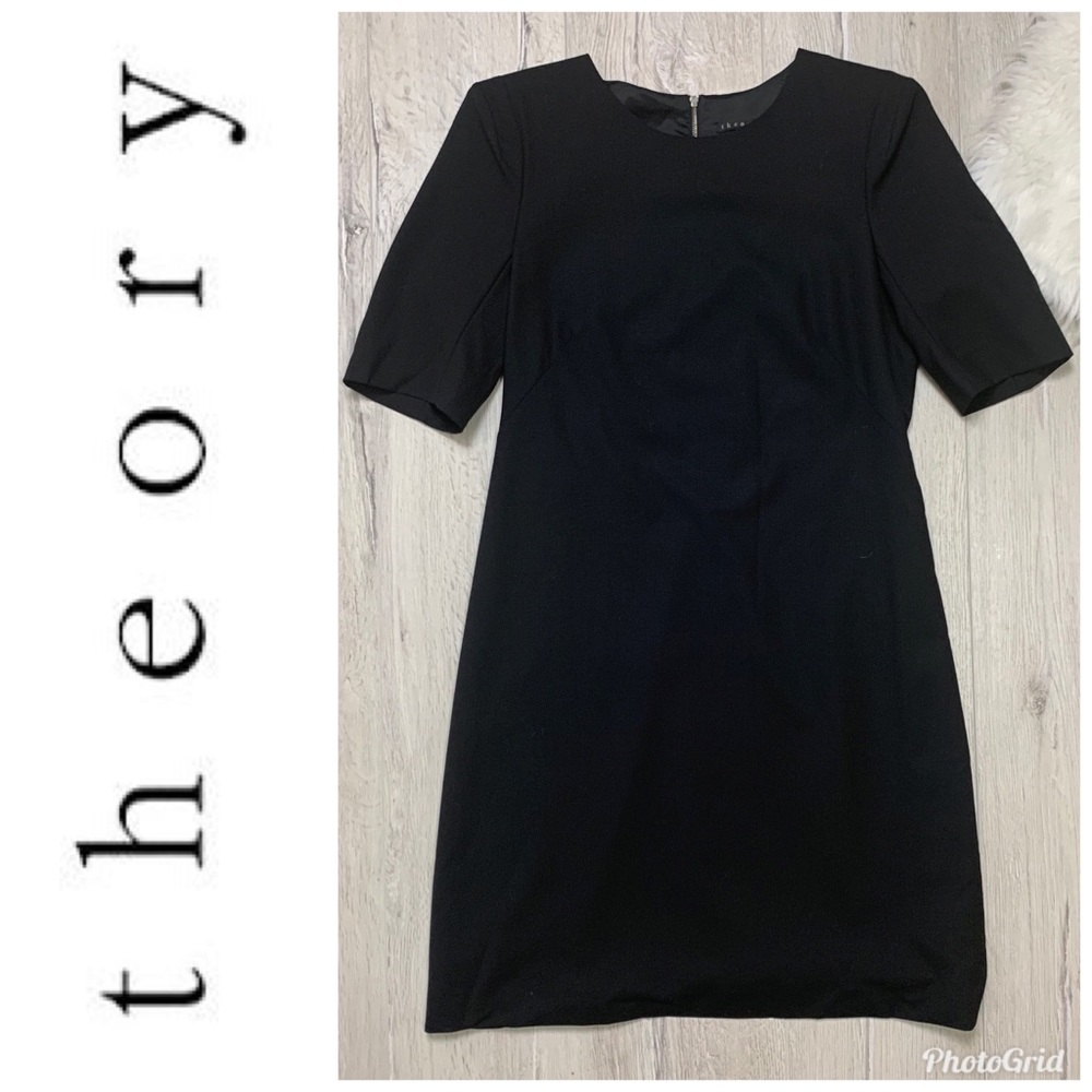 Theory Black Short Sleeve Wool Blend Sheath Dress